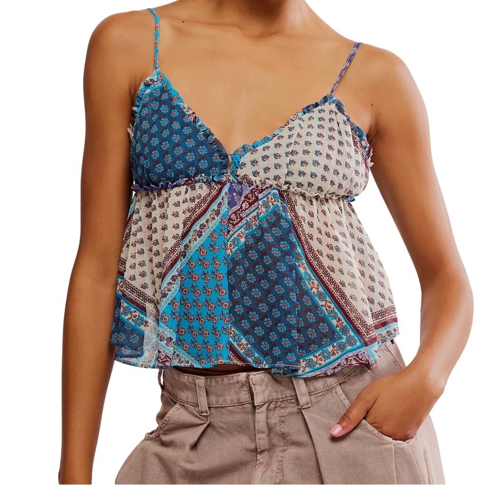 Free People Blue and Cream Patchwork Alix V Neck Sleeveless Top